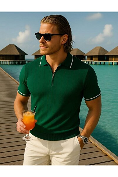 WE AND ME Men's Summer Zip-Up Polo Neck Thin Knit T-Shirt