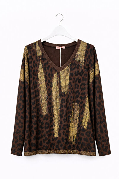 günay boutıque Leopar Desenli Simli V Yaka Uzun Kollu Bluz