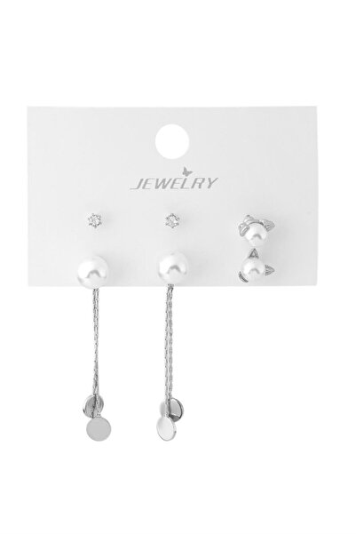 Pazarois طقم أقراط متعدد من المجوهرات الفضية مع تفاصيل اللؤلؤ