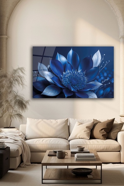 B&G DESIGN Tablou decorativ din sticlă cu imprimare cu flori de lotus albastr...