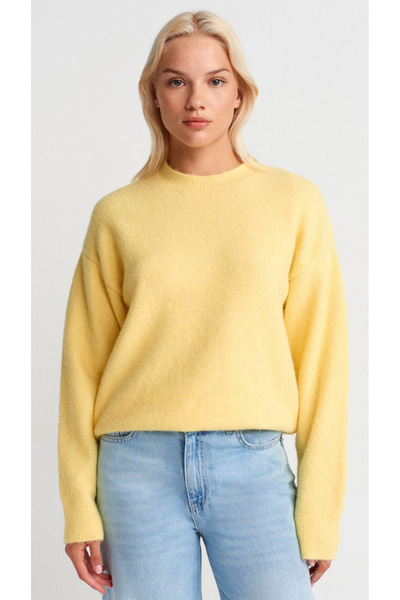 TUĞBALİ Women's Yellow Color Crew Neck Soft Textured Sweater