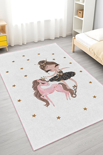 Realhomes Beyaz Fondaki Prenses ve Unicorn Desenli Yıkanabilir Dikdörtgen Çoc...