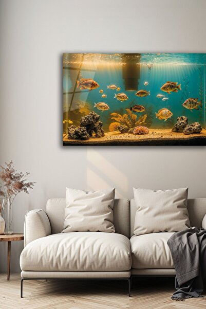 B&G DESIGN Pictură decorativă din sticlă cu model de pești de acvariu, artă d...