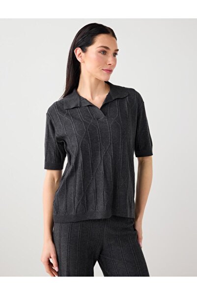 Jimmy Key Antrasit Gömlek Yaka Çizgi Desenli Triko Bluz