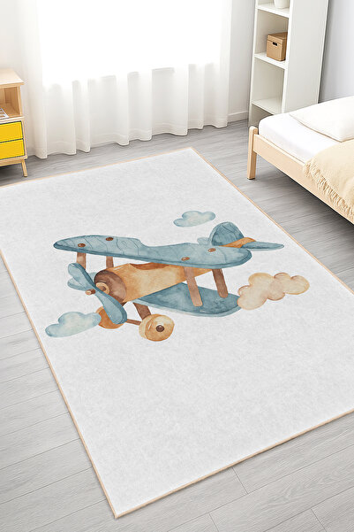 Realhomes Bulutlar Arasında Uçan Uçak Desenli Yıkanabilir Dikdörtgen Çocuk Od...