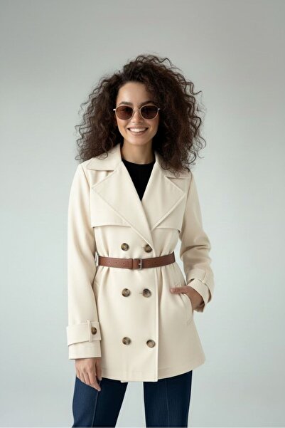 Gülşah collection Double-Breasted Collared Leather Belted Short Trench Coat - Stone