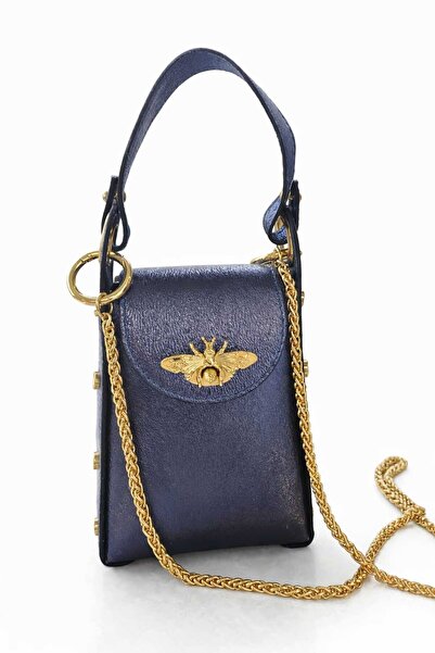 Diva Exclusive Fashion Geantă Mini Albastră din Piele Naturală cu Lanț Auriu și Detaliu Metalic
