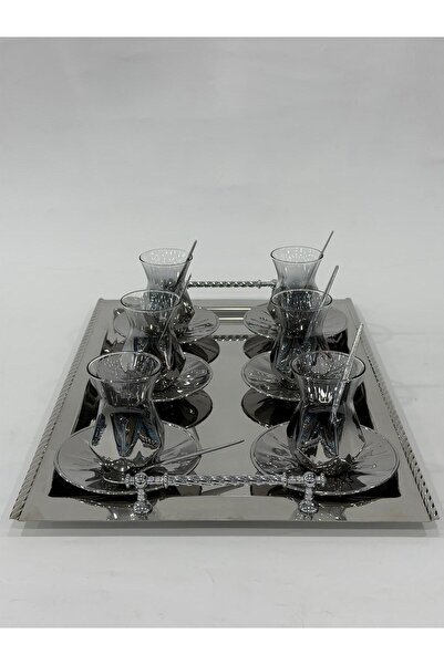 isra kristal Luxury Silver Tray Tea Set - Modern Tea Set - Tray and 6 Cups - Saucer - Spoon - 165ml
