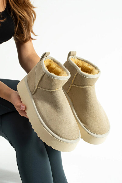 Aybors Beige Suede Thick Sole Boots with Wool Inside