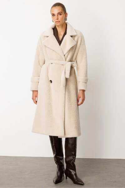 Moda İlgi Modailgi Mono Yaka Kruvaze Alcantara Kaban Camel