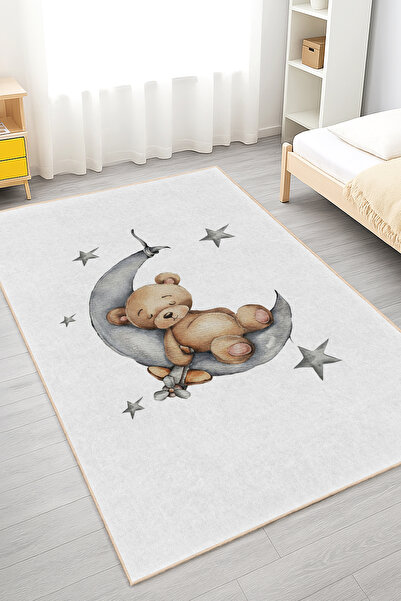 Realhomes Ayda Uyumak Üzere Yatan Ayıcık Desenli Yıkanabilir Dikdörtgen Çocuk...