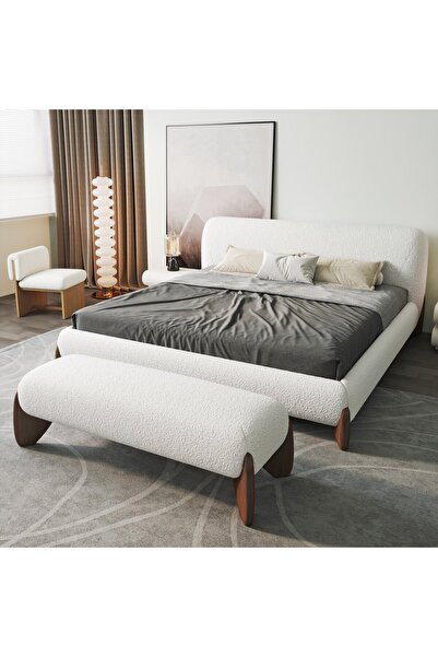 homejoyz | سرير كيرفا أبيض من قماش البوكليه، منصة ومقعد غرفة نوم أبيض