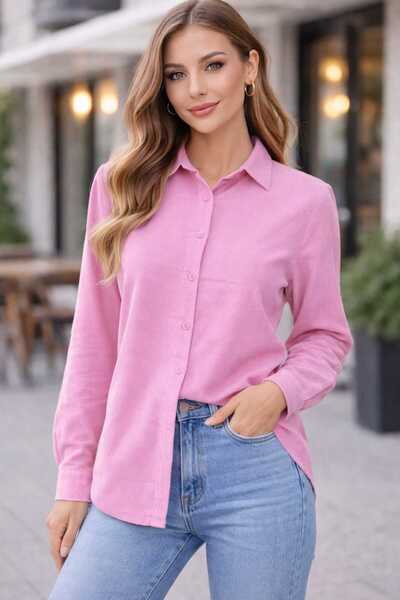 Nuevo Pembe Kadife Gömlek – Uzun Kollu, Düğmeli, Fitilli Kadife Kadın Gömlek