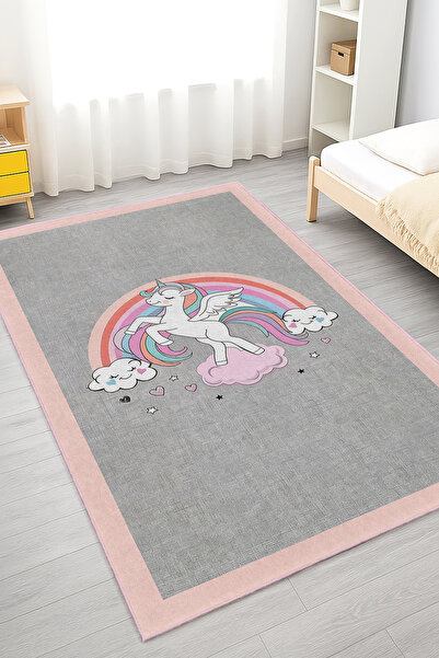 Realhomes Rengarenk Unicorn Ve Gökkuşağı Desenli Yıkanabilir Dikdörtgen Çocuk...