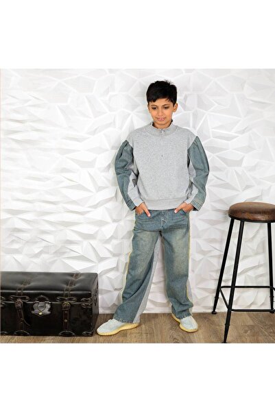Mamnon Two-piece gray denim set with zipper