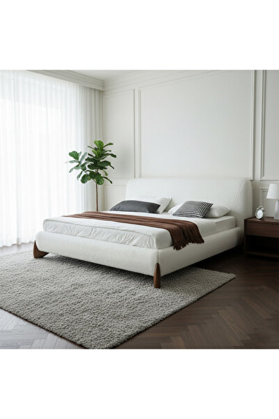 homejoyz سرير ماجستيك ميست مُنجّد بقماش بوكليه أبيض وإطار من الخشب السويدي