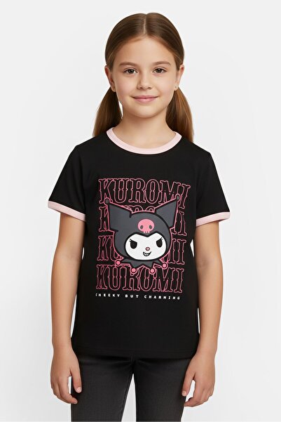 SANRIO تيشيرت كورومي أسود بأكمام قصيرة ورقبة دائرية للبنات الصغيرات