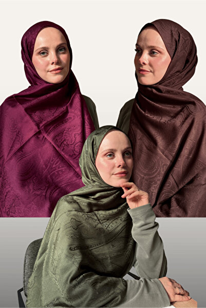 CUOCA LOUNGE Desenli Jakar Şal - Kampanyalı 3'Lü Paket - Haki - Mürdüm - Acı Kahve