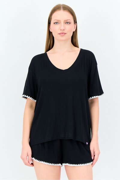 JASON WU Women 2 Piece Ribbed Short Sleeve Pyjama Top And Bottom Set, Black