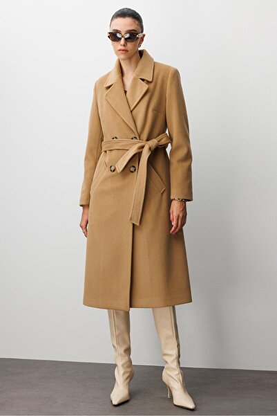 Moda İlgi Modailgi Kuşaklı Kruvaze Dört Düğmeli Kaban Camel