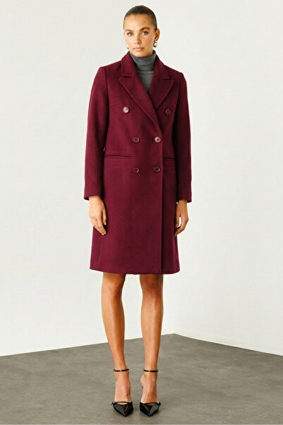 Moda İlgi Modailgi Mono Yaka Fleto Cepli Kruvaze Kaşe Kaban Bordo