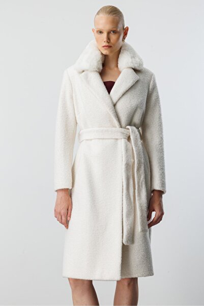 Moda İlgi Modailgi Yakası Kürklü Kırçıllı Uzun Kaşe Kaban Kemik