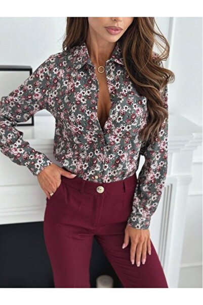 Giyimodam Women's Long Sleeve Pocket Detail Floral Printed Mosskrep Fabric Shirt