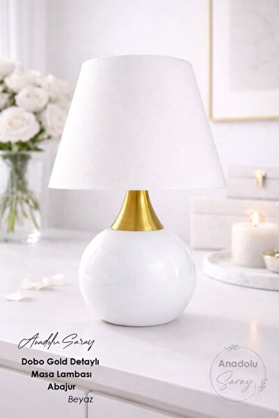 Anadolu Saray Dobo Gold Detailed White Table Lamp Lampshade 22X22X35Cm Metal Body with Fabric Head
