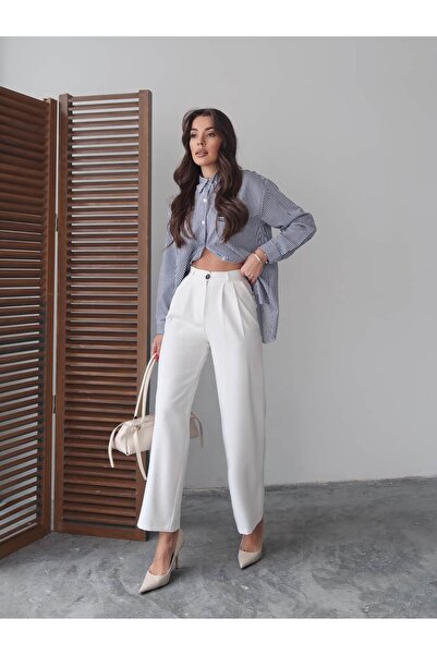 Swass Ecru talie înaltă Pantaloni țesuți cu picioare largi croi larg pe picior / cu pliuri 25SWS5924 Palazzo