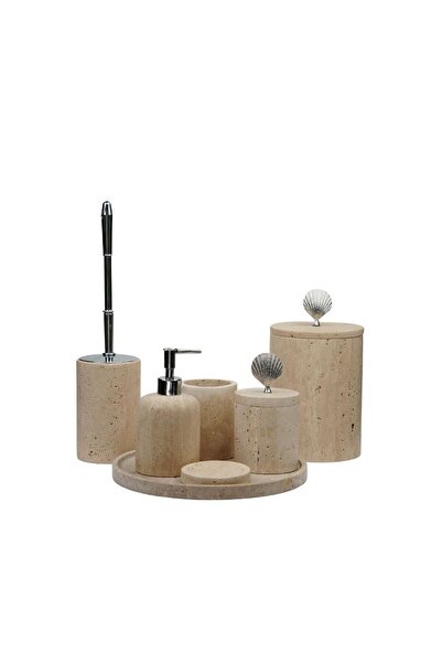 ege gross Dekoratif Traverten Mermer Banyo Seti Takımı 7 Li Pirinç Aksesuar D...
