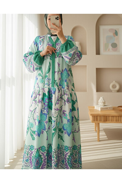 Modamorfo 2423 Authentic Patterned Hijab Dress - D. Mint