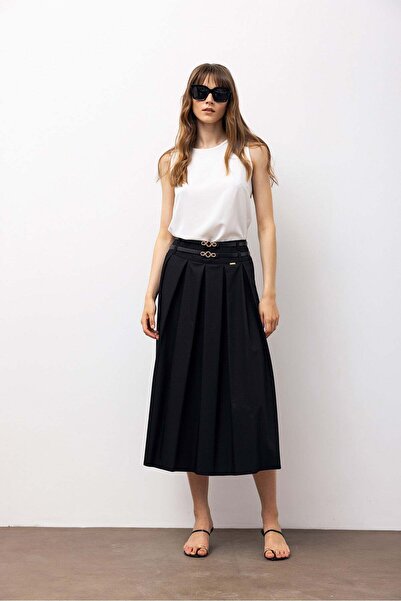 VİVENTO Yüksek Belli Pileli Midi Etek - Siyah E6008