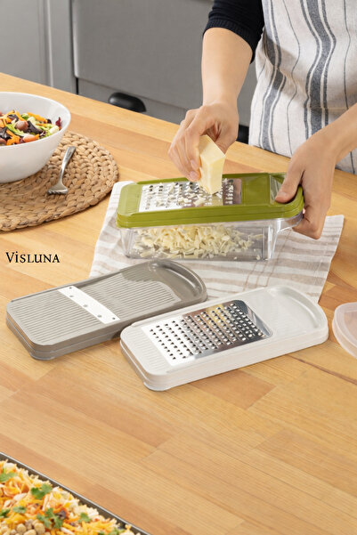 VİSLUNA Profesyonel Mutfak Rende Seti – 3 Fonksiyonlu Başlık, Hazneli Kapaklı Tasarım