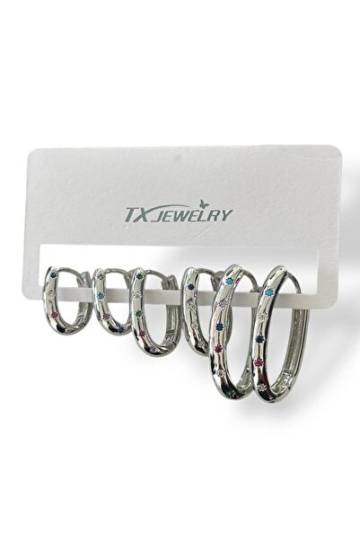 TAKIŞTIR 6'lı Gümüş Renk Taş Detaylı 14K Altın Kaplama TX Küpe Set