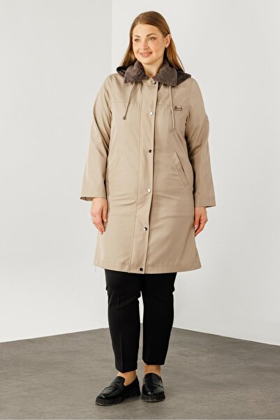 Moda İlgi Modailgi Yakası Kürk Detaylı Parka Kaban Vizon