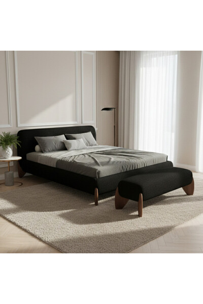 homejoyz سرير كيرفا أسود من قماش البوكليه، منصة، مقاس كينج، مع طقم مقعد لغرفة النوم