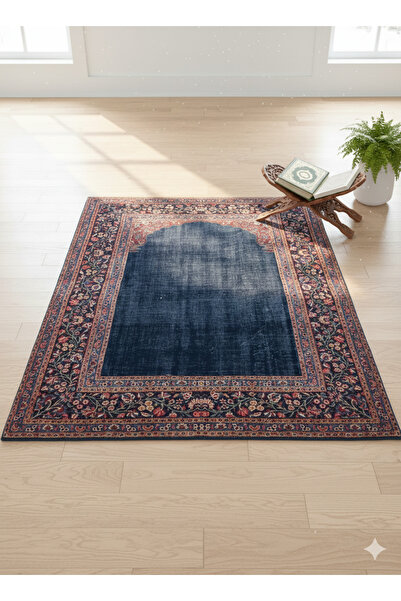 FOREVER ALDORA Navy Blue Prayer Rug |   Classic Patterned, Soft Textured, Non-Slip Sole