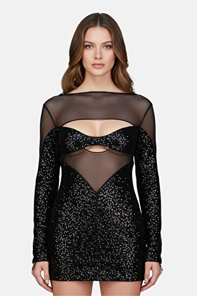 PİNKO Women Long Sleeve Sequins Mini Party Dress, Black