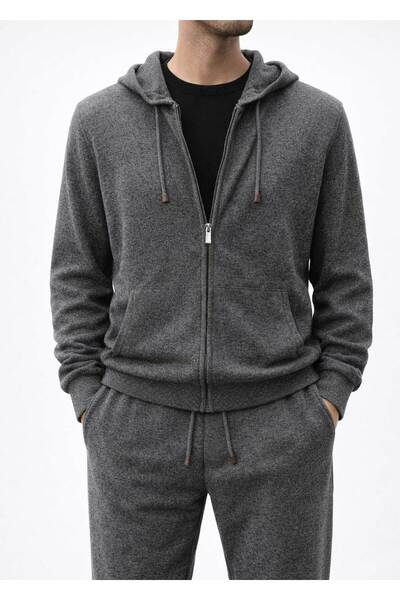 Boris Becker Antrasit Renk Kapüşonlu, Ayarlanabilir Kordonlu Triko Hırka