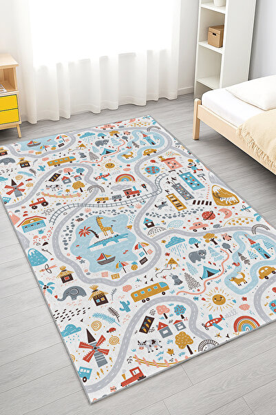 Realhomes Canlı Renklerde Çocuk Oyun Alanı Temalı Yıkanabilir Dikdörtgen Kaym...