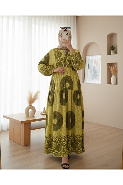 Modamorfo 2423 Authentic Patterned Hijab Dress - Oil Green 2
