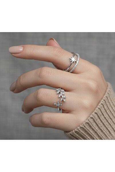 Ervalina خاتم مكون من قطعتين من حجر الزركون على شكل زهرة ونجمة قطب (قابل للتع...