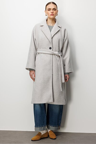 Moda İlgi Modailgi Kuşaklı Tek Düğmeli Buklet Kaban Gri
