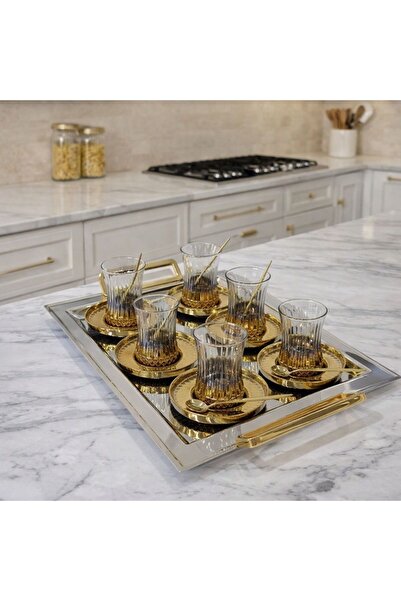 isra kristal Luxury Gold Tray Tea Set - Modern Tea Set - Tray and 6 Cups - Saucer - Spoon - 170ml