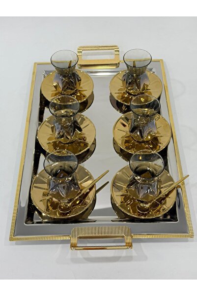 isra kristal Luxury Gold Tray Tea Set - Modern Tea Set - Tray and 6 Cups - Saucer - Spoon - 165ml