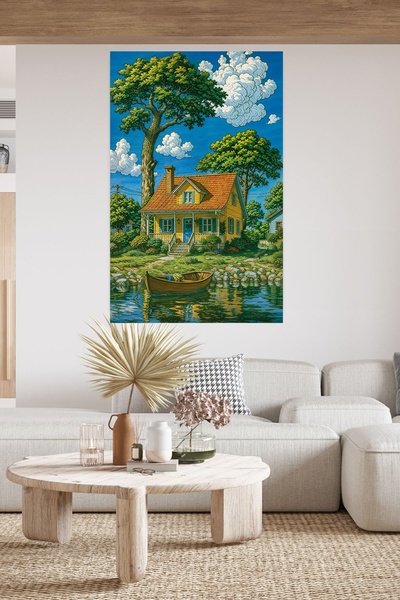 B&G DESIGN Modern Dekoratif Cam Tablo Manzaralı Sarı Köy Evi ve Kayık Temalı ...