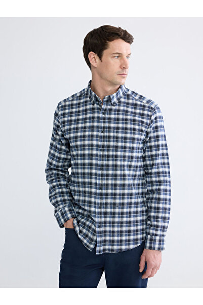 LC Waikiki قميص رجالي من قماش الغبردين المربعات بقصة عادية من إنديجو