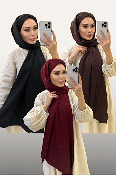 CUOCA LOUNGE Desenli Pamuk İpek Şal - 3'Lü Kampanyalı Paket - Bordo - Acı Kahverengi - Siyah