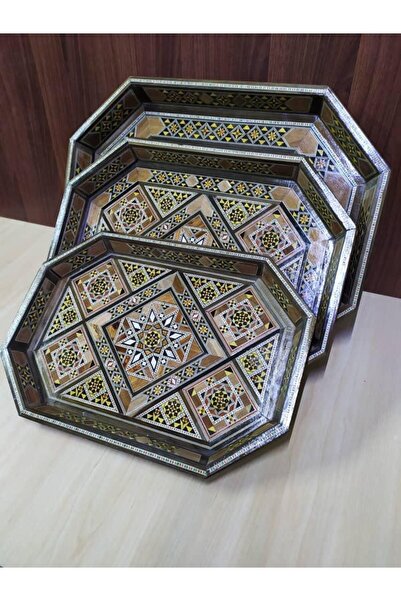 South house 3-piece wooden tray set with mother-of-pearl inlay, Syrian made