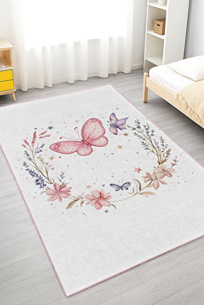 Realhomes Çiçekli Kelebek Desenli Yıkanabilir Dikdörtgen Çocuk Odası Halısı